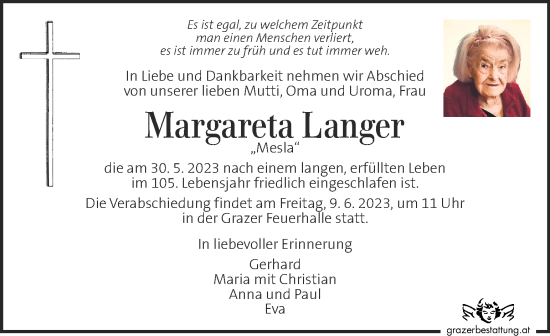 Traueranzeige von Margareta Langer von Kleine Zeitung
