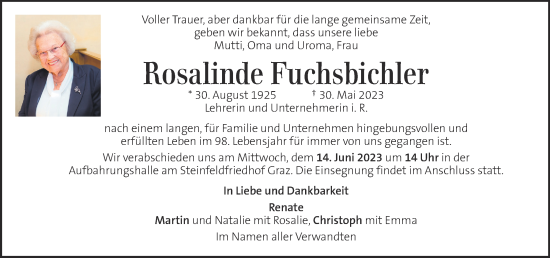 Traueranzeige von Rosalinde Fuchsbichler von Kleine Zeitung