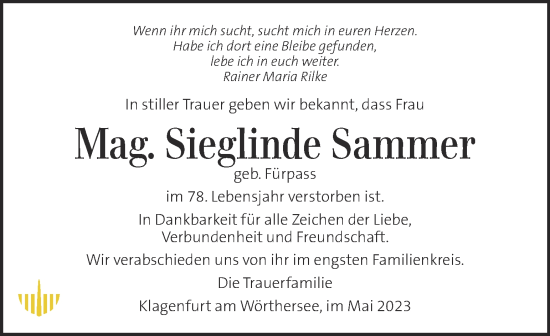 Traueranzeige von Sieglinde Sammer von Kleine Zeitung