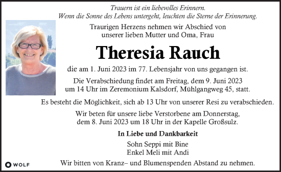 Traueranzeige von Theresia Rauch  von Kleine Zeitung