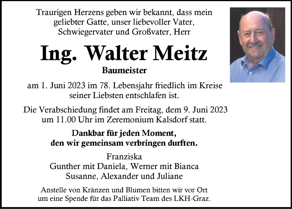  Traueranzeige für Walter Meitz vom 06.06.2023 aus Kleine Zeitung
