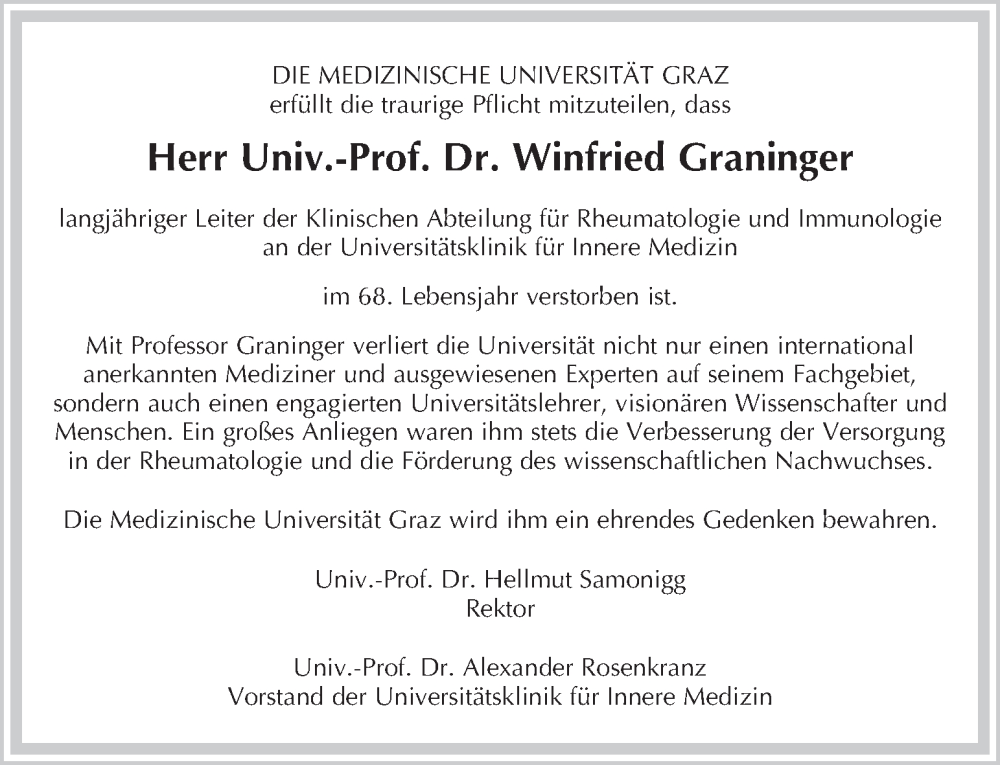  Traueranzeige für Winfried Graninger vom 06.06.2023 aus Kleine Zeitung