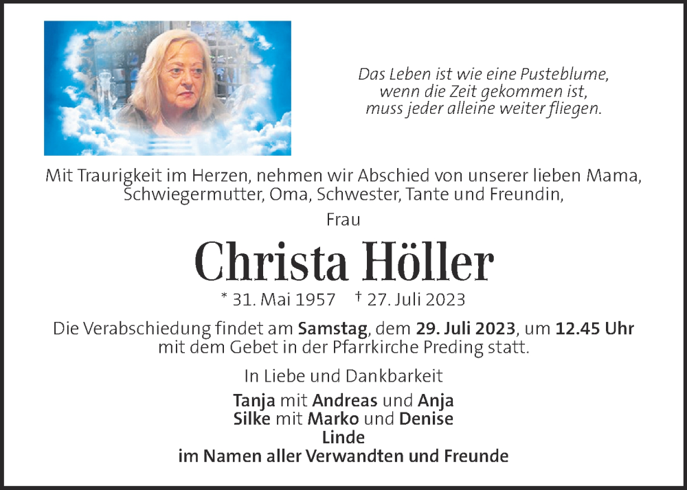  Traueranzeige für Christa Höller vom 29.07.2023 aus Kleine Zeitung