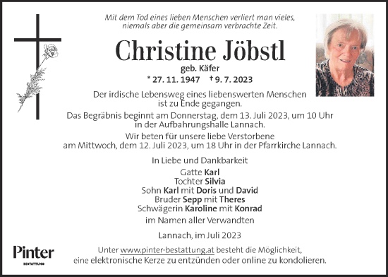 Traueranzeige von Christine Jöbstl von Kleine Zeitung