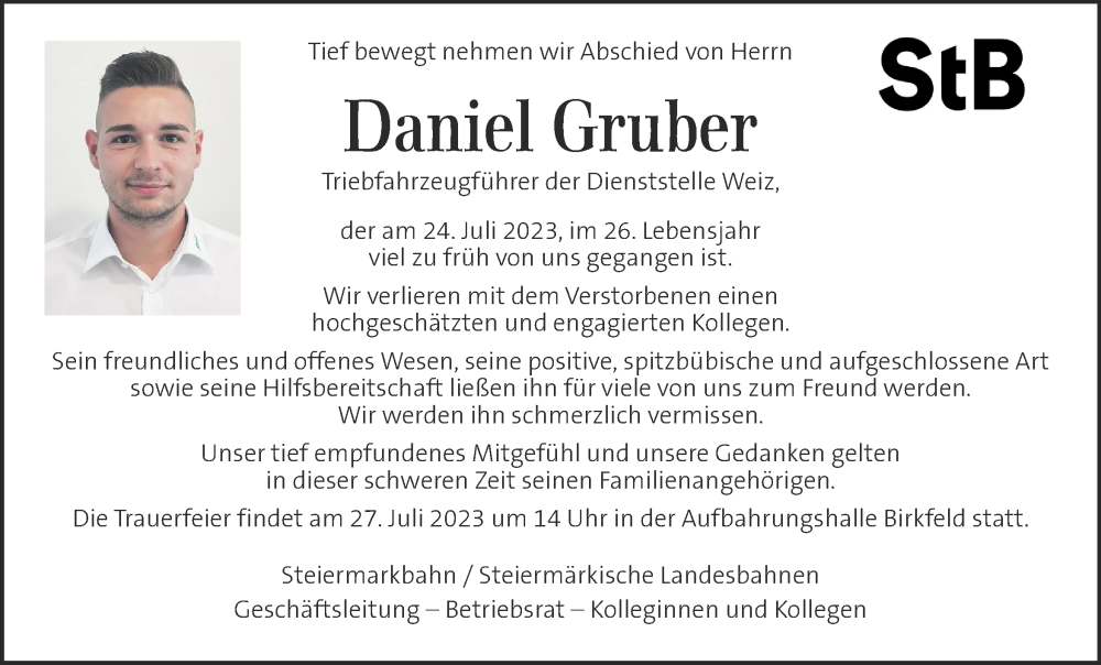  Traueranzeige für Daniel Gruber vom 26.07.2023 aus Kleine Zeitung