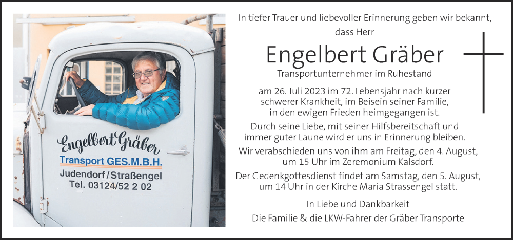  Traueranzeige für Engelbert Gräber vom 29.07.2023 aus Kleine Zeitung