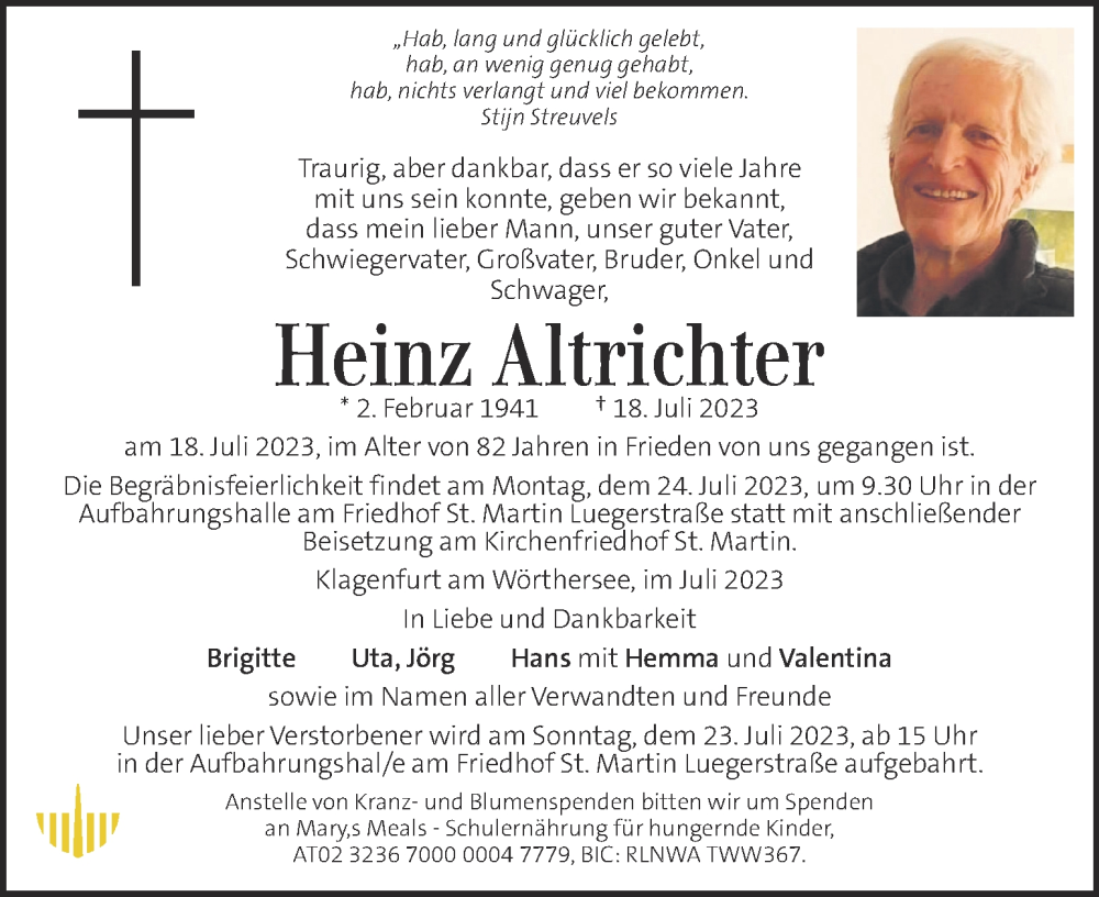  Traueranzeige für Heinz Altrichter vom 21.07.2023 aus Kleine Zeitung