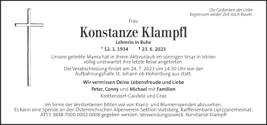 Traueranzeige von Konstanze Klampfl von Kleine Zeitung