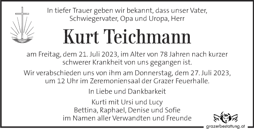  Traueranzeige für Kurt Teichmann vom 26.07.2023 aus Kleine Zeitung
