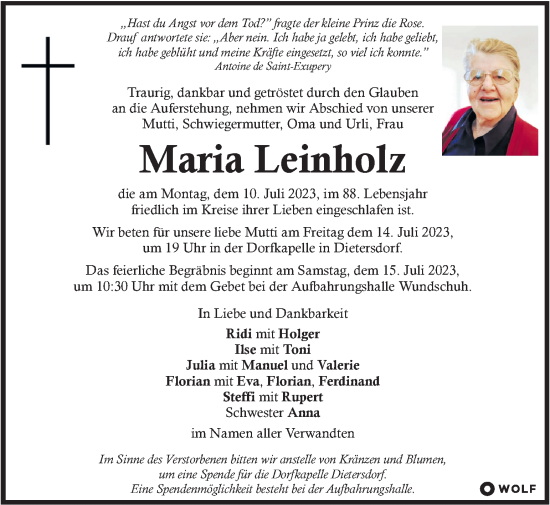 Traueranzeige von Maria Leinholz von Kleine Zeitung