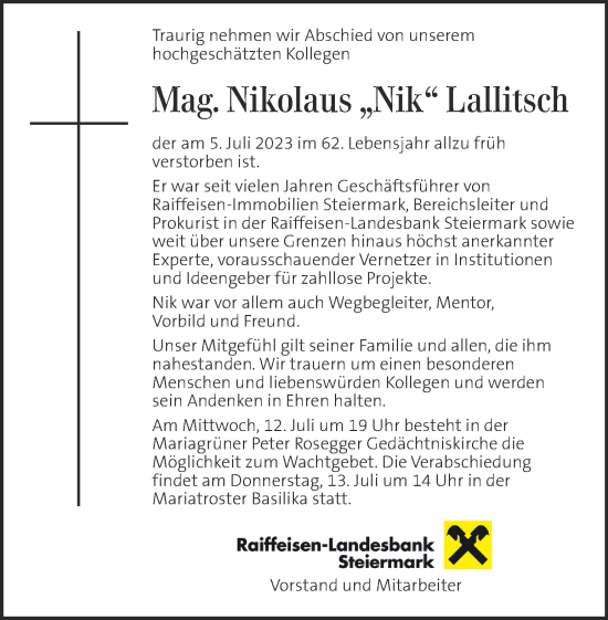 Traueranzeige von Nikolaus Lallitsch von Kleine Zeitung