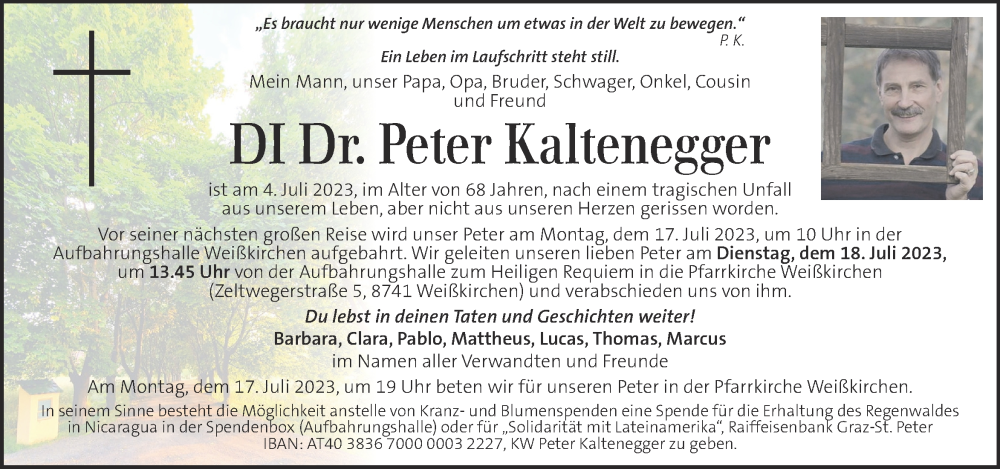  Traueranzeige für Peter Kaltenegger vom 14.07.2023 aus Kleine Zeitung