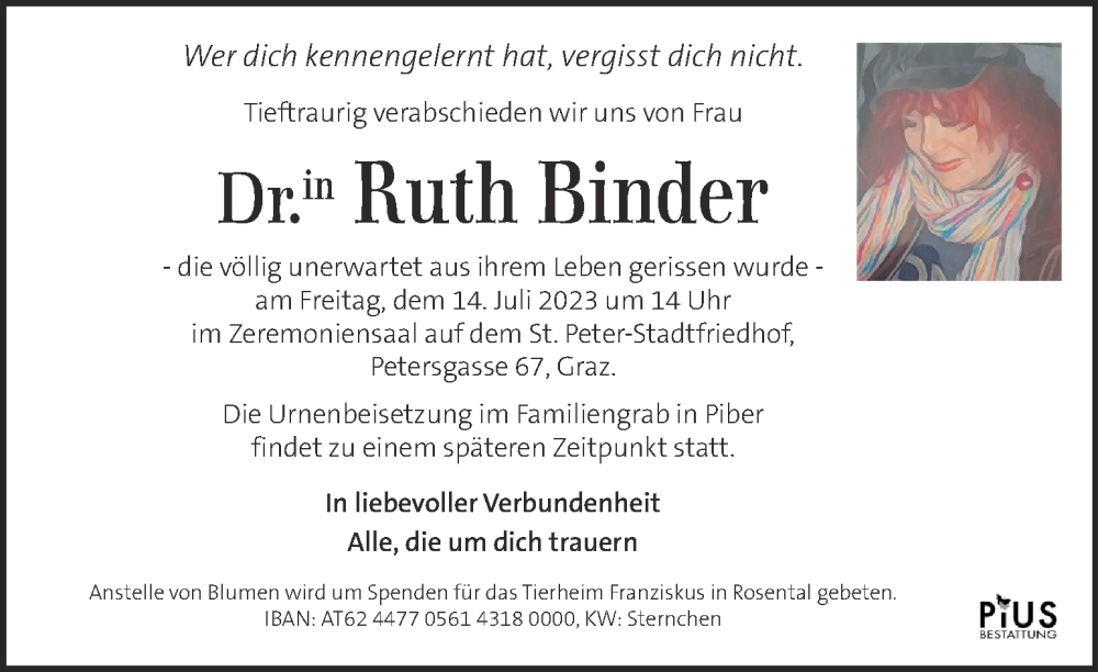  Traueranzeige für Ruth Binder vom 12.07.2023 aus Kleine Zeitung