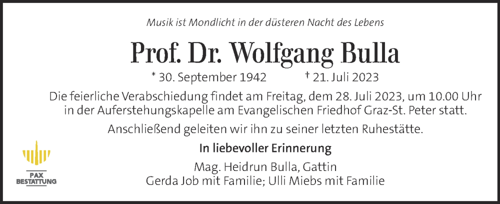  Traueranzeige für Wolfgang Bulla vom 26.07.2023 aus Kleine Zeitung