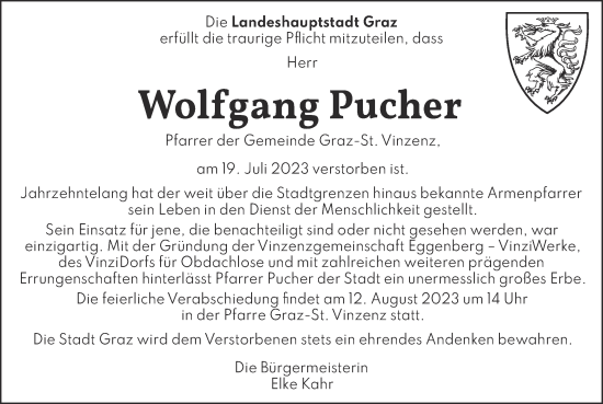 Traueranzeige von Wolfgang Pucher von Kleine Zeitung