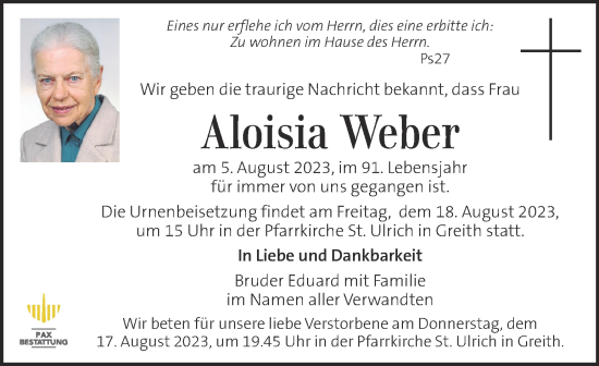 Traueranzeige von Aloisia Weber von Kleine Zeitung