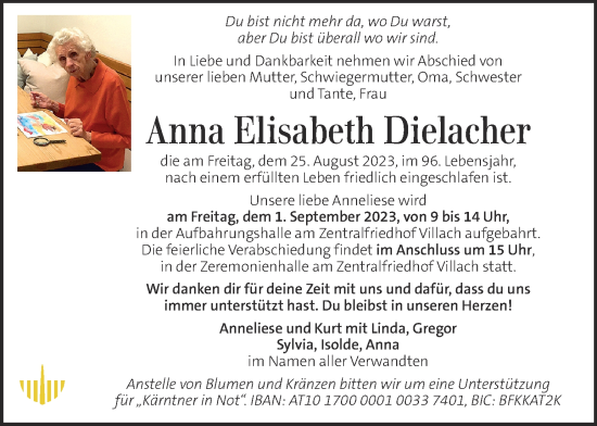 Traueranzeige von Anna Elisabeth Dielacher von Kleine Zeitung