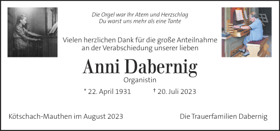 Traueranzeige von Anni Dabernig von Kleine Zeitung