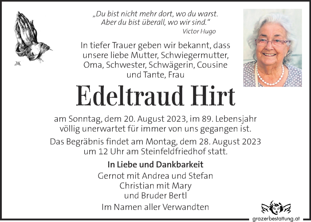  Traueranzeige für Edeltraud Hirt vom 25.08.2023 aus Kleine Zeitung
