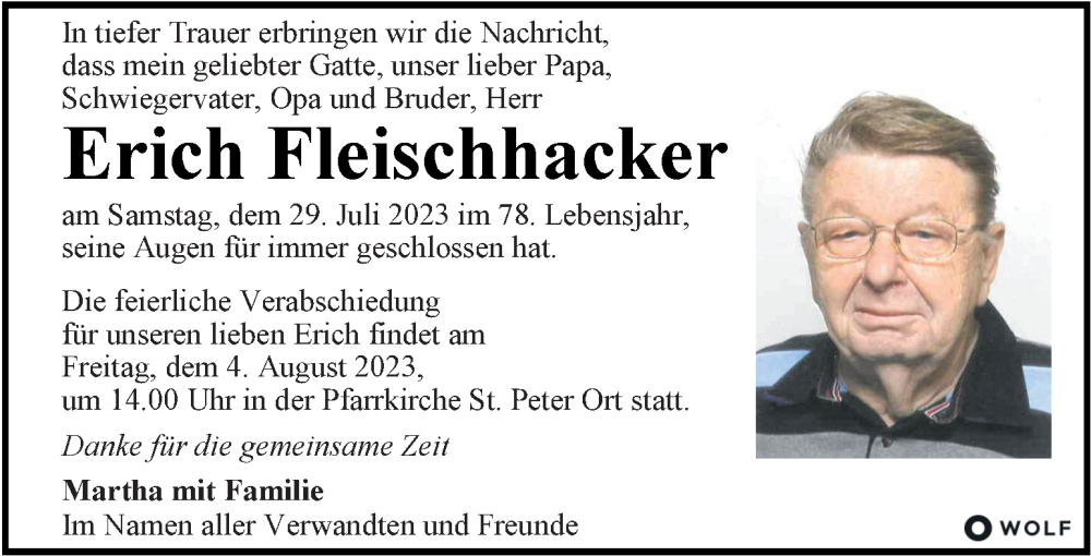  Traueranzeige für Erich Fleischhacker vom 02.08.2023 aus Kleine Zeitung