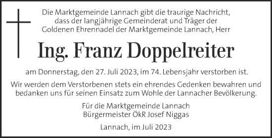 Traueranzeige von Franz Doppelreiter von Kleine Zeitung