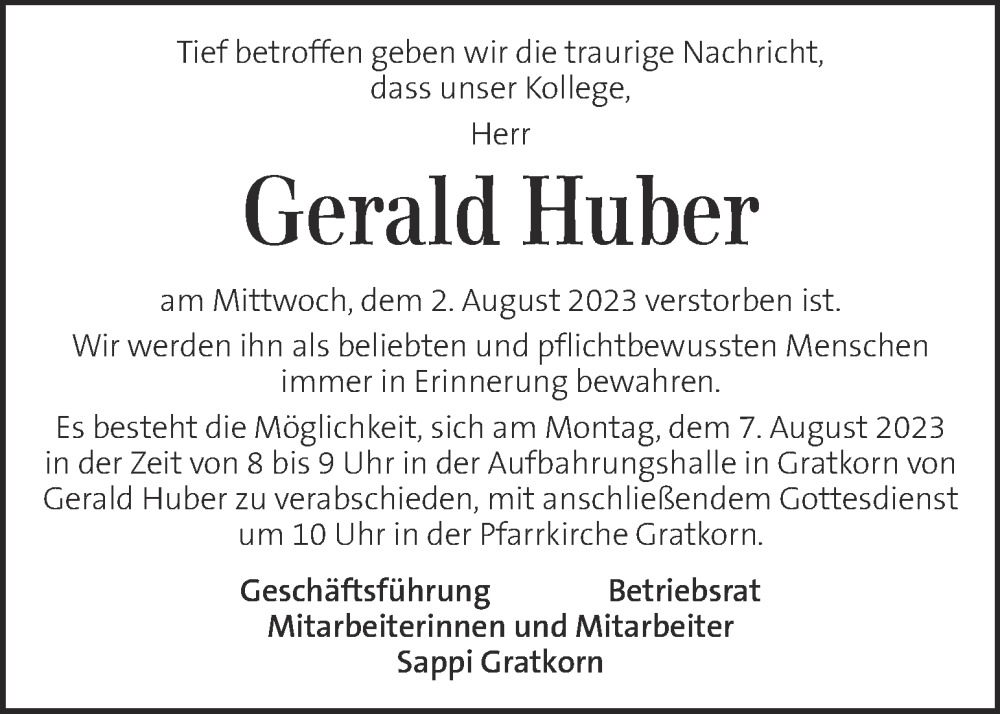  Traueranzeige für Gerald Huber vom 05.08.2023 aus Kleine Zeitung