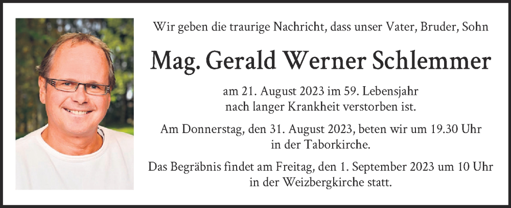  Traueranzeige für Gerald Werner Schlemmer vom 29.08.2023 aus Kleine Zeitung