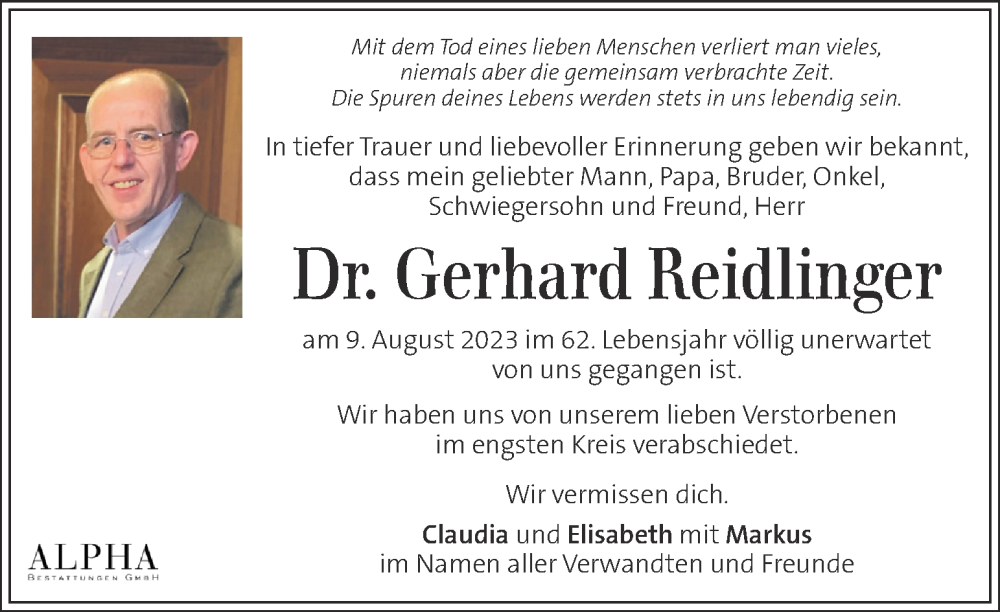  Traueranzeige für Gerhard Reidlinger vom 20.08.2023 aus Kleine Zeitung