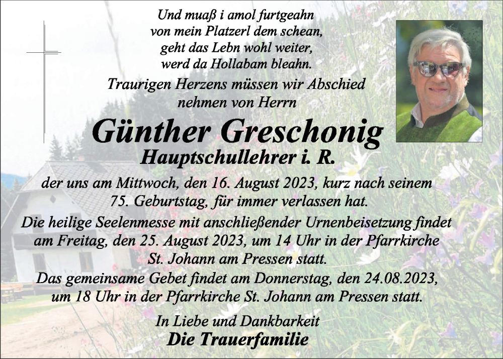  Traueranzeige für Günther Greschonig vom 22.08.2023 aus Kleine Zeitung