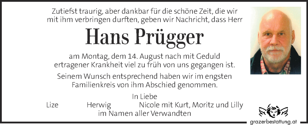  Traueranzeige für Hans Prügger vom 22.08.2023 aus Kleine Zeitung