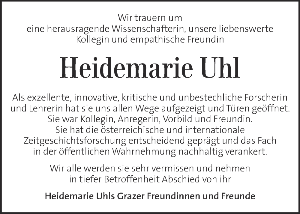  Traueranzeige für Heidemarie Uhl vom 18.08.2023 aus Kleine Zeitung