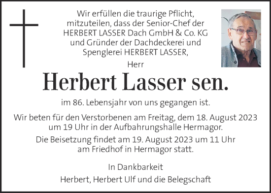 Traueranzeige von Herbert Lasser von Kleine Zeitung