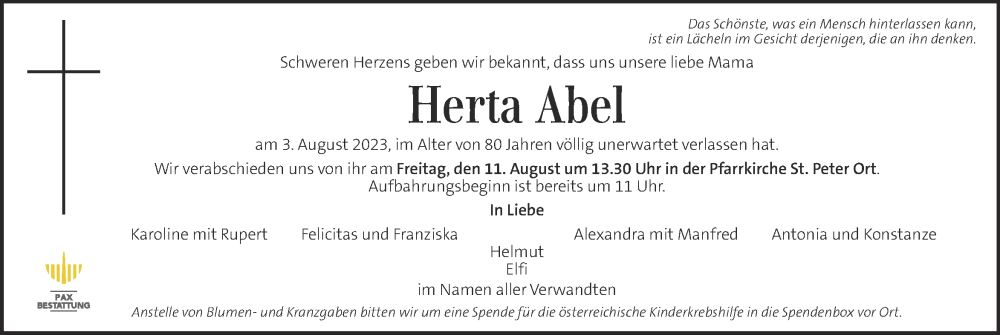  Traueranzeige für Herta Abel vom 09.08.2023 aus Kleine Zeitung
