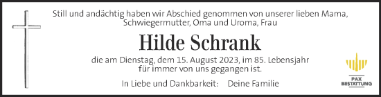 Traueranzeige von Hilde Schrank von Kleine Zeitung