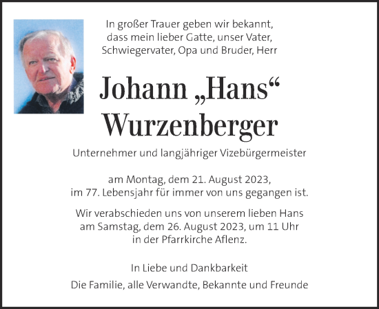 Traueranzeige von Johann Wurzenberger von Kleine Zeitung