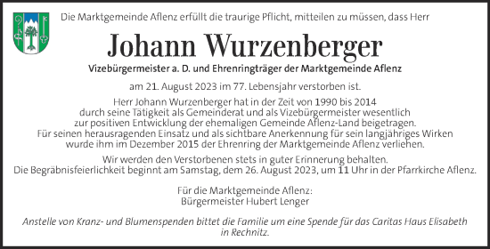 Traueranzeige von Johann Wurzenberger von Kleine Zeitung