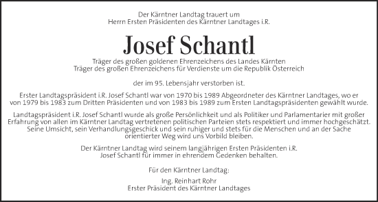 Traueranzeige von Josef Schantl von Kleine Zeitung