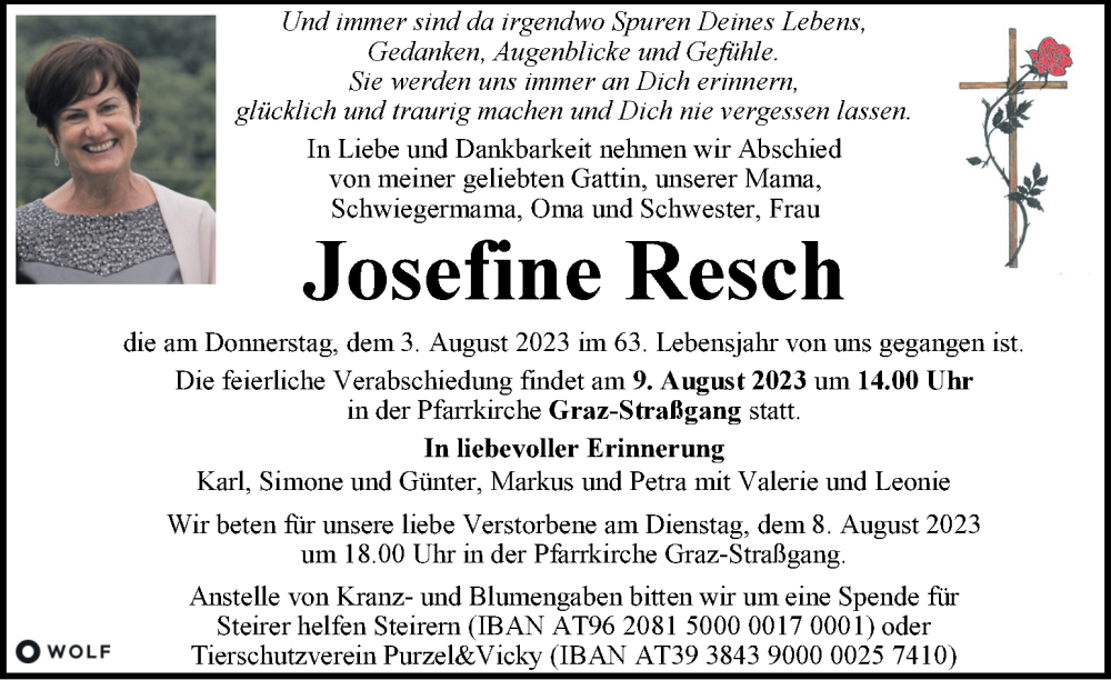  Traueranzeige für Josefine Resch vom 05.08.2023 aus Kleine Zeitung