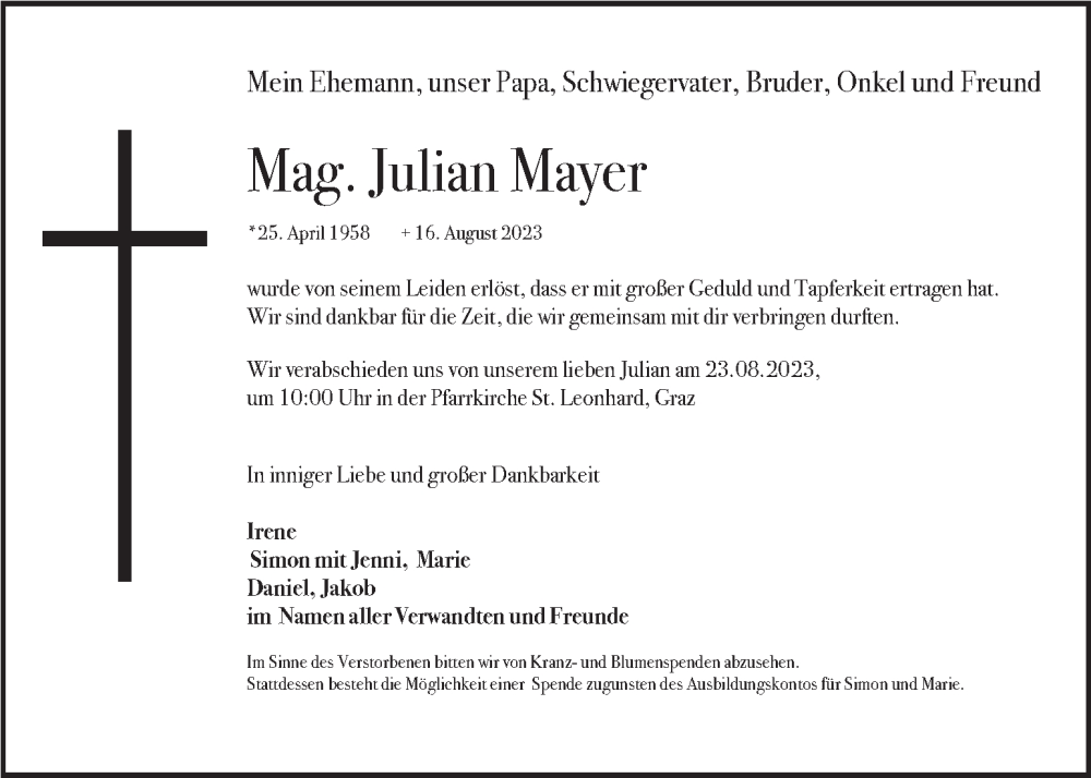  Traueranzeige für Julian Mayer vom 20.08.2023 aus Kleine Zeitung