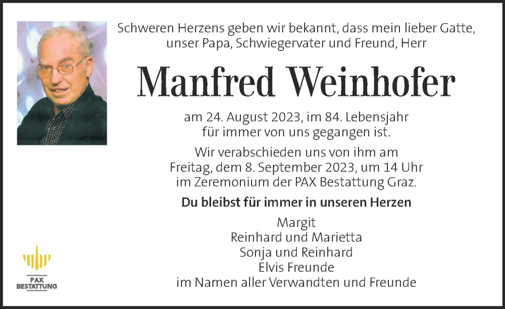 Traueranzeige für Manfred Weinhofer vom 01.09.2023 aus Kleine Zeitung