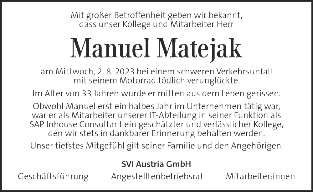  Traueranzeige für Manuel Matejak vom 08.08.2023 aus Kleine Zeitung