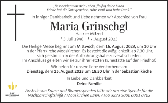 Traueranzeige von Maria Grinschgl von Kleine Zeitung