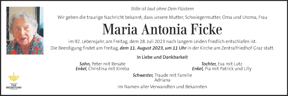  Traueranzeige für Maria Antonia Ficke vom 06.08.2023 aus Kleine Zeitung