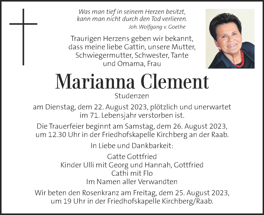  Traueranzeige für Marianna Clement vom 25.08.2023 aus Kleine Zeitung