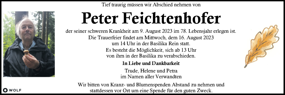  Traueranzeige für Peter Feichtenhofer vom 13.08.2023 aus Kleine Zeitung