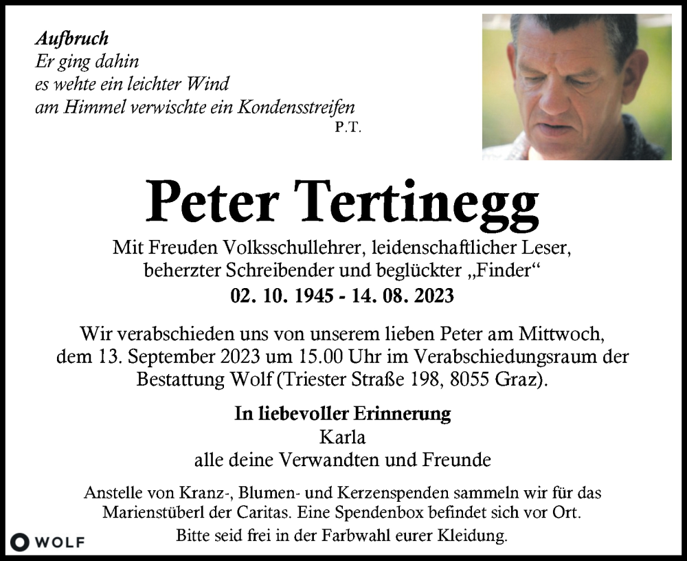  Traueranzeige für Peter Tertinegg vom 27.08.2023 aus Kleine Zeitung
