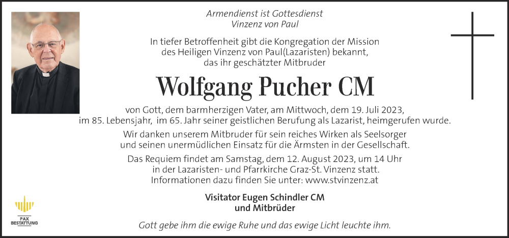  Traueranzeige für Wolfgang Pucher vom 05.08.2023 aus Kleine Zeitung