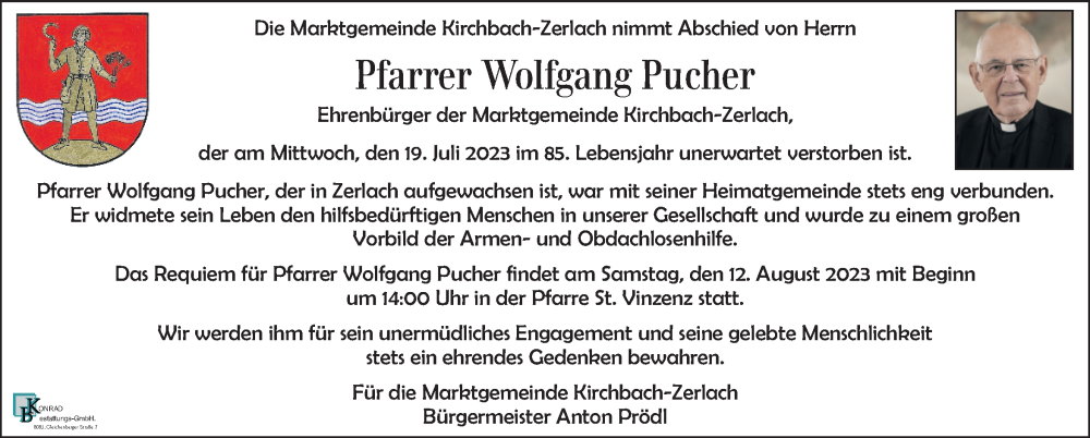  Traueranzeige für Wolfgang Pucher vom 10.08.2023 aus Kleine Zeitung