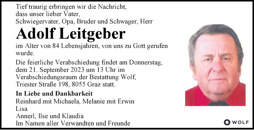  Traueranzeige für Adolf Leitgeber vom 16.09.2023 aus Kleine Zeitung