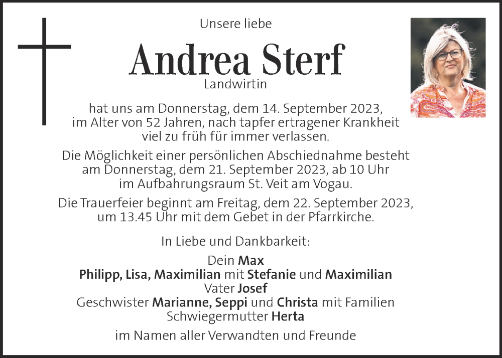  Traueranzeige für Andrea Sterf vom 19.09.2023 aus Kleine Zeitung